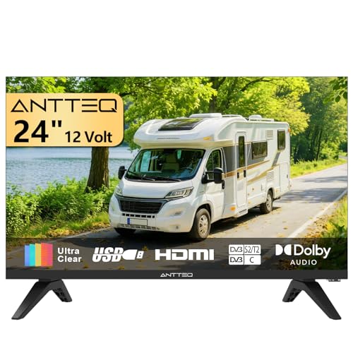 Antteq TV HD de 24 pulgadas, 12 voltios, diseño sin marco, TV Freeview DVB-T2/C/S2 Dolby Audio, HDMI VGA PC SCART USB, TV de pantalla pequeña de viaje para autocaravanas y caravanas