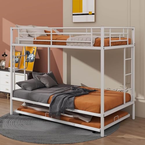 Image of Metal Bunk Bed with Trundle | Heavy Duty Triple Sleeper Bed Frame | Space Saving Double Deck Bed with Ladder & Safety Guard Rails for Kids & Adults | White | 75 inch x 39 inch x 65.3 inch