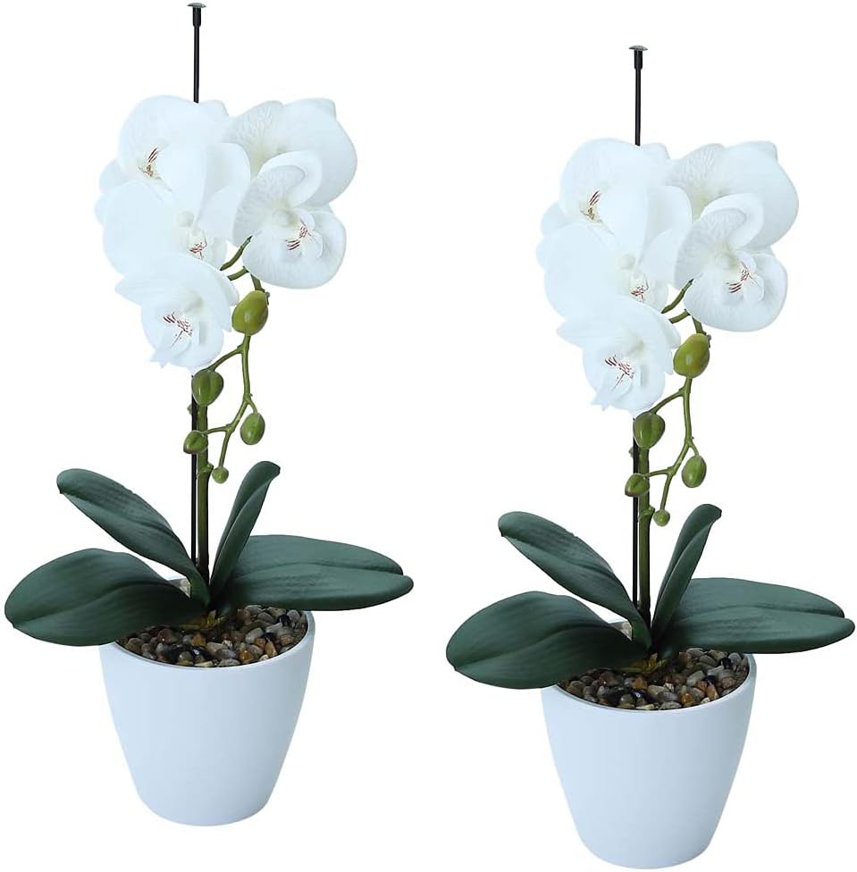 YATAI Pack of 2 Potted Orchid Flowers, PU Orchid Artificial Flowers for Decoration, Realistic Phalaenopsis Orchid Plant with Plastic Pot, Realistic Floral Arrangement for Room Decor, Home Decor (White