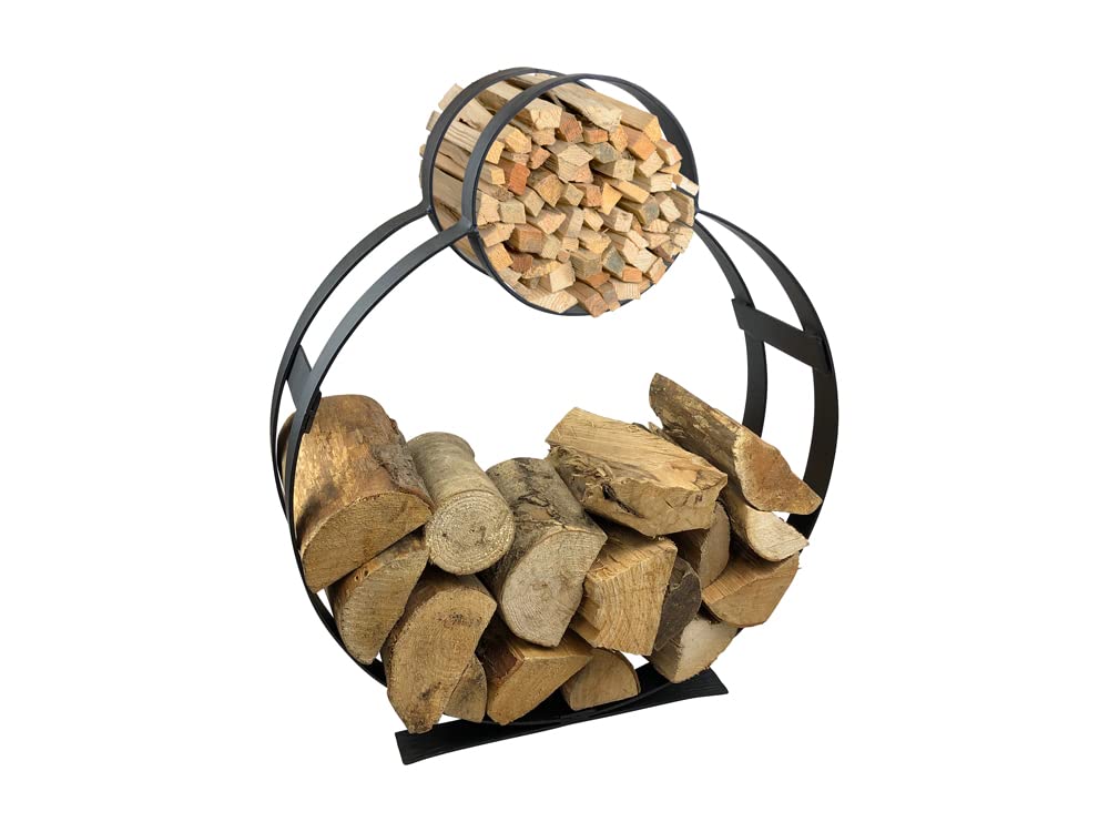 Garden Pride Black Log Holder/Firewood Rack With Kindling Holder - Ideal For Carrying And Storing Logs It's An Essential Fireplace Accessory - Circle Design