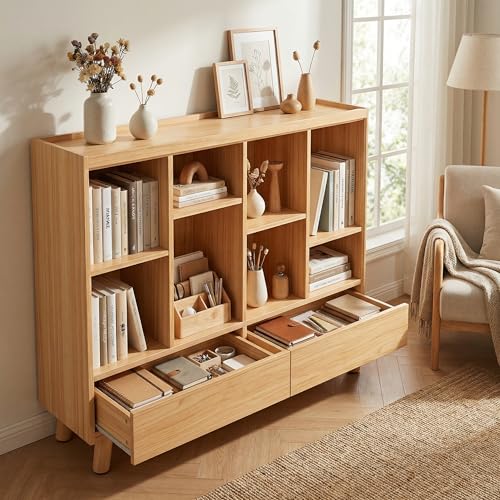YOSHOOT 8 Cube Bookshelf with 2 Drawers - 42.5" Solid Wood Cube Bookcase with Legs, Open Cubby Bookshelves for Bedroom, Living Room,Home Office, Nature by YOSHOOT - Image 6