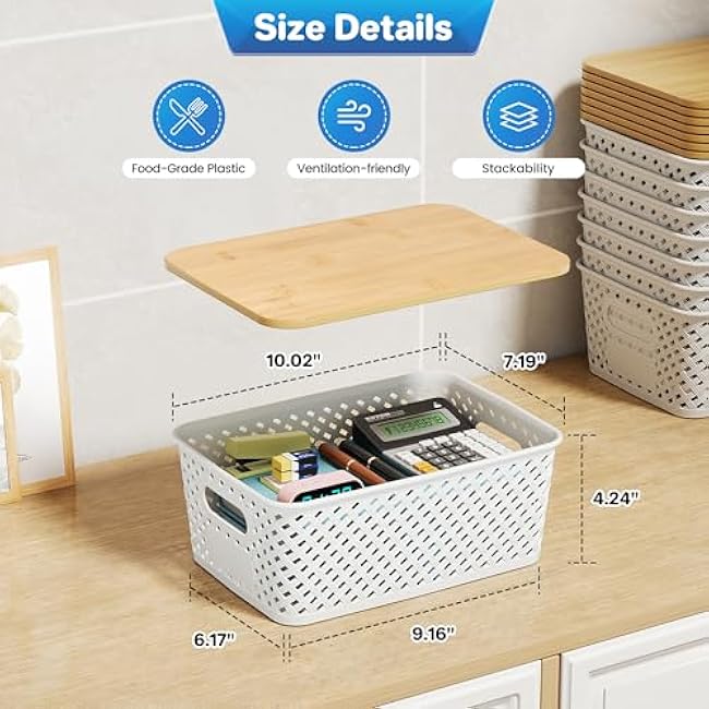 8 Packs Plastic Storage Bins with Bamboo Lids - Stackable Storage Bins Decorative Small Basket Containers for Organizing Shelves Office Classroom Desktop Closet, Cream White