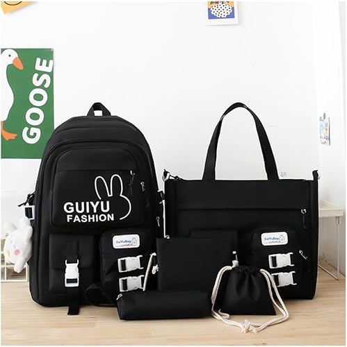 Miniatura 2 de Linda mochila con accesorios kawaii 5PCS Set Mochila de gran capacidad, Conjunto de cinco piezas negro