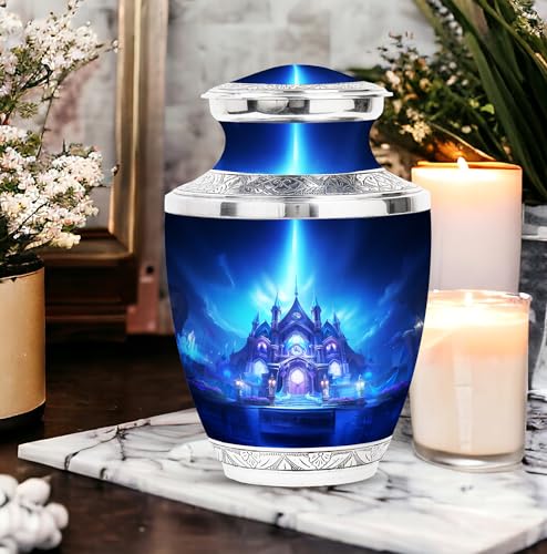 Image of Temple Burial Urns for Adult Human Ashes - Large Personalized Female Urns - Memorial Cremation Urn for Ashes Dad - Customized Funeral Urn for Ashes for Women - 10 Inch Large with Velvet Bag