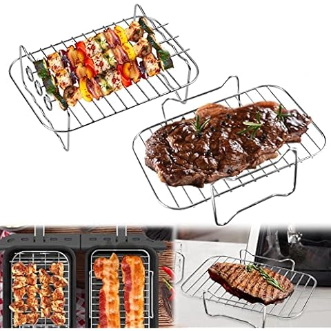 Pipihome 2Pcs Air Fryer Rack Compatible with Ninja Food Dual Zone Air Fryer [AF300UK] [AF400UK] 2 Drawers, Layered Dehydrator Racks Skewer Rack 304 Stainless Steel Dual Air Fryer Accessories Cover