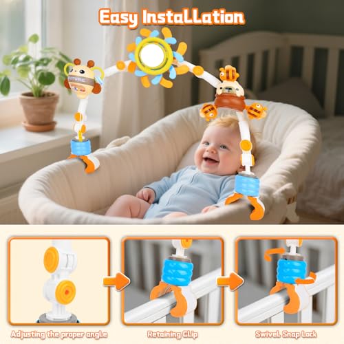 Image of Baby Activity Stroller Arch Toys,Car Seat Toys for Adjustable Bouncer Arch Crib Bassinet Hanging Toys Mobile Clip on Stroller Developing Motor Infants Toddlers Skills with Rattle,Mirror,Teether Gift