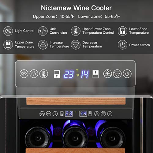 Nictemaw 15 Inch Dual Zone Wine Cooler, 32 Bottle Built-in or Freestanding Wine Refrigerator with Stainless Steel&Double-Layer Tempered Glass Door, Electronic One-Touch Control with Temperature Memory&LED Display Wine Fridge
