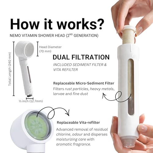 Image of NEMO Vitamin Hand Shower with Filter | Made in South Korea | Aromatherapy | Dual filtration for cleaner shower water, helps reduce residual chlorine and trap rust, heavy metals, larvae & microplastics