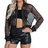 Nlife Women Sheer Mesh Sparkly Crop Bomber Jacket See Thru Glitter Rave Festival Clubwear Night Out Party Concert Outfit