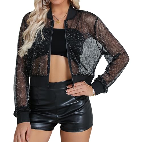 Nlife Women Sheer Mesh Sparkly Crop Bomber Jacket See Thru Glitter Rave Festival Clubwear Night Out Party Concert Outfit