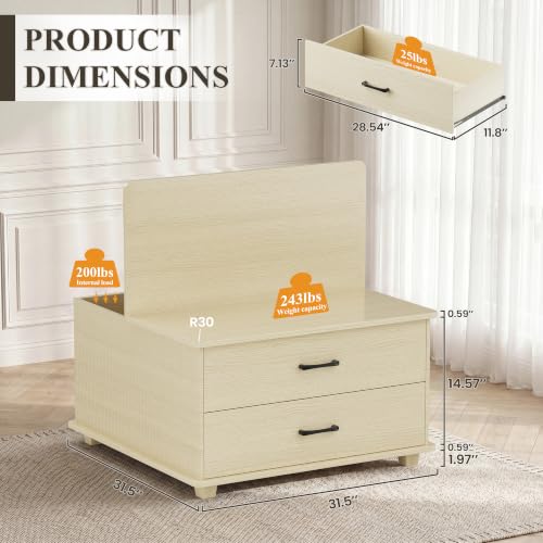 Image of MALOL Storage Coffee Table with 2 Drawers & Flip-Top Lid with Hidden Storage, Modern Fluted Wood Coffee Table, Solid Wood Legs, Square Center Table for Living Room, Light Wood