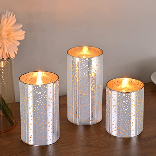M Mirrowing Silver Glass Flameless Candles With Remote, Battery Operated Candles With Timer, Realistic Flickering Flameless Candles, Set Of 3 (D 3"×H 4" 5" 6") #TOP1