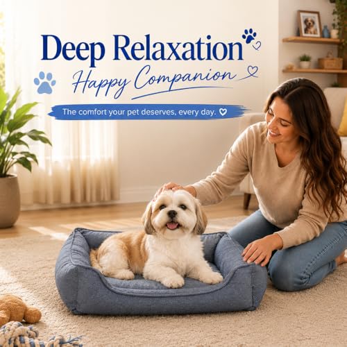 Image of Chambray Dog Bed with Removable Cover, Durable Polyester Fabric, Soft Fiber Cushion, Breathable, Non-Slip Base | Ideal for Small to Medium Dogs, 22x28x7.5 Inch