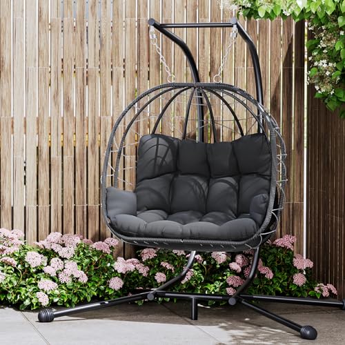 Pamapic Hängesessel, Rattan Hängesessel für 2 Personen mit Gestell, UV-beständige Kissen mit Armlehnen und Kopfstütze, Schaukelstuhl für Außenbereich, Innenbereich, Garten, Tragfähigkeit 300kg, Grau