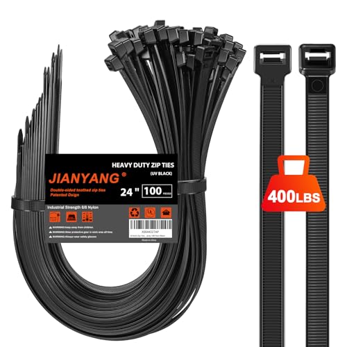 Long Zip Ties Heavy Duty 24 inch400 LBS Tensile Strength With Double Sided Toothed Super Durable Cable Ties Extra Large Wire Ties Adjustable Nylon Tie Wraps for Indoor Outdoor 100 Pack Black