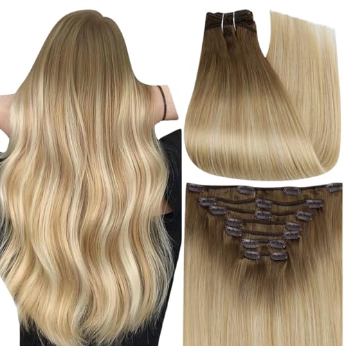 Image of Full Shine Clip in Human Hair Extensions Ombre, 20 Inch | Light Brown to Butter Blonde Mix Platinum Blonde, Balayage Real Human Hair Clip in Extensions, 120g 7 Pcs
