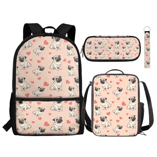 Set 4 in 1 per bambini con borsa per la scuola termica per il pranzo astuccio portamatite portachiavi per libri alla moda Pug Love Rosa Taglia unica Zaini Daypack