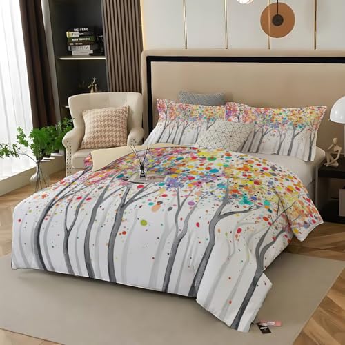 Juego de Funda nórdica con Estampado de Hojas caídas de Acuarela, Funda nórdica con Estampado de Bosque Abstracto, Juego de Ropa de Cama Ligero y Reversible de 3 Piezas (Doble, 200 x 200 cm)