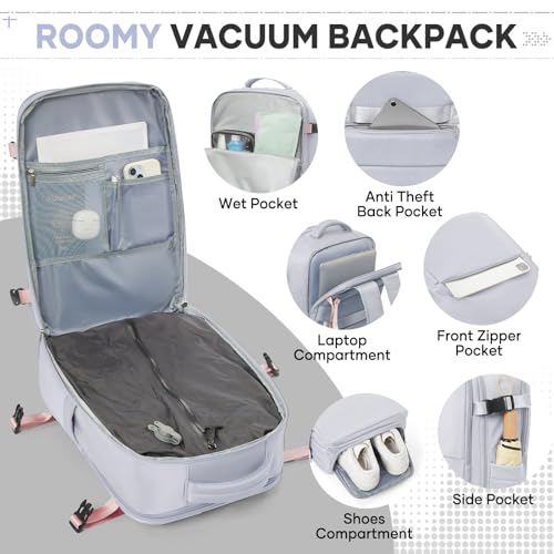 Image of Vacuum Travel Backpack with Pump for Women Men, Carry on Air Backpack for Flight Approved, Personal Item Luggage Backpacks