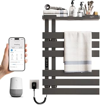 Smart Heated Towel Rack with Shelf,Electric WiFi Towel Warmer Rack App & Voice Control,Towel Drying Rack Wall Mounted,Towel Warming Rack with Led Timer,115-155F,Flat Widen 6 Bar,Gray