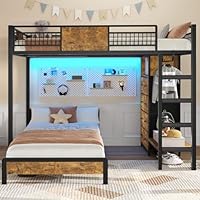 ADORNEVE Bunk Bed Twin Over Twin Size with 8 Storage Drawers, Twin Bunk Beds with Led Lights & Storage Shelves, Metal Loft Bed with 13.4\" H Safety Guardrail & Ladder, for Kids & Teens, Black