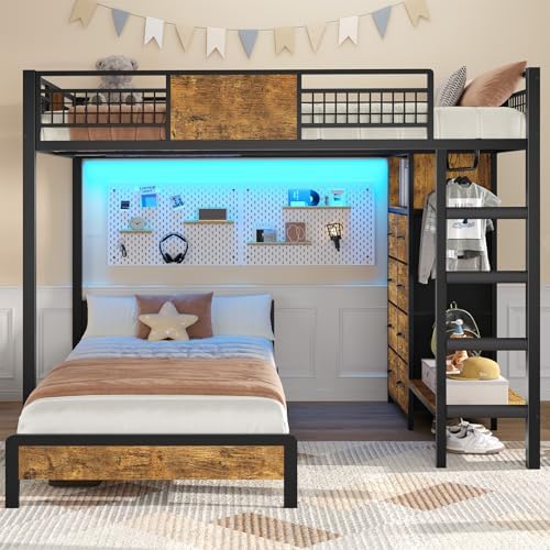 ADORNEVE Bunk Bed Twin Over Twin Size with 8 Storage Drawers, Twin Bunk Beds with Led Lights & Storage Shelves, Metal Loft Bed with 13.4
