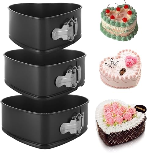Bake House Springform Pan Set of 3 Heart Cake Pan, Heart Springform Pan with Removable Bottom, Springform Cake Pans Non-Stick Bakeware for Cheesecakes, Pizza, and Quiches (7, 7.8, 8.6 inch)