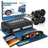 VSG24 Premium Einparkhilfe VORNE mit Display zum nachrüsten am Auto, PDC Parksensoren hinten mit Stecksystem für einfachste Montage - 4 Rückfahrwarner Sensoren Parkhilfe Nachrüstsatz Schwarz