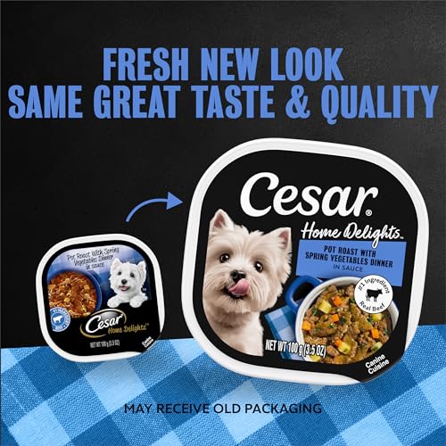 Image of Cesar Home Delights Wet Dog Food, Pot Roast & Vegetables, 3.5 oz, 24 Count | Real beef #1 ingredient, 100% complete & balanced, easy to digest, no fillers, no artificial flavors, easy peel trays