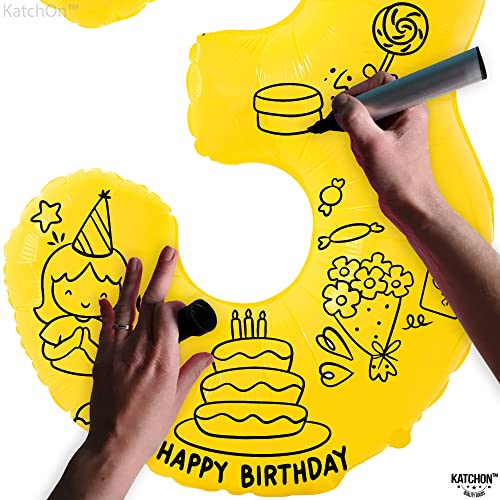 Image of KatchOn, Big, Yellow 3 Balloon Number - 40 Inch | Yellow Three balloon for 3 Year Old Balloons | 3rd Birthday Decorations for Boys | 3 birthday Balloon, Honey Bee Party Decorations