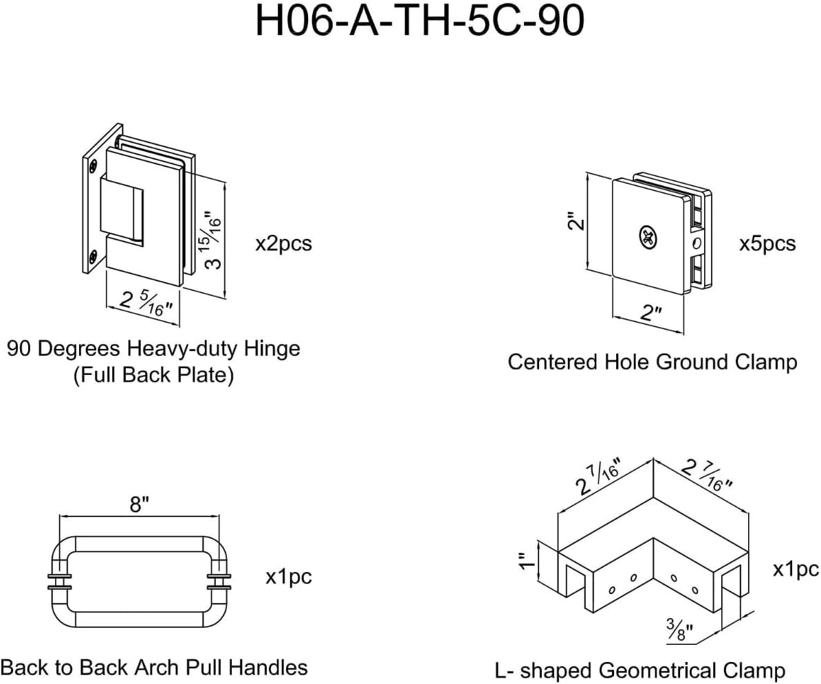 Shower Door Hardware Kit Frameless Swing Hinged Corner Shower Enclosure Accessories Parts for 5/16” 3/8” to 1/2" Thick Glass Glass Clamp ，Includes Shower Door Hinges and Handles - Brushed Gold