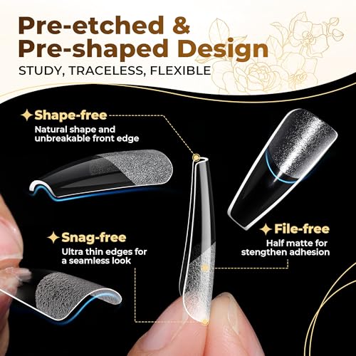 Image of UNA GELLA Long Coffin Nail Tips, 504pcs Pre-Shape Fake Nails Half Matte Full Cover Acrylic Gel Nail Tips Clear Long Coffin Press On Nails Home DIY Extension 12 Sizes Gelly Tips