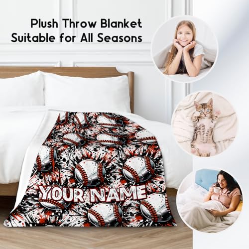 Custom Baseball Blanket, Cozy Soft Throw Gifts for Mens, Cool White Flannel Throw Blankets for Bed Couch, 60x80 Inches