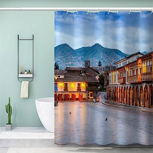 LUORU Rideau de Douche Anti Moisissure 120x200 Polyester Tissu Imperméable 3D Madrid Espagne Rideaux de Salle de Bain Lavable en Machine Architecture Paysage...