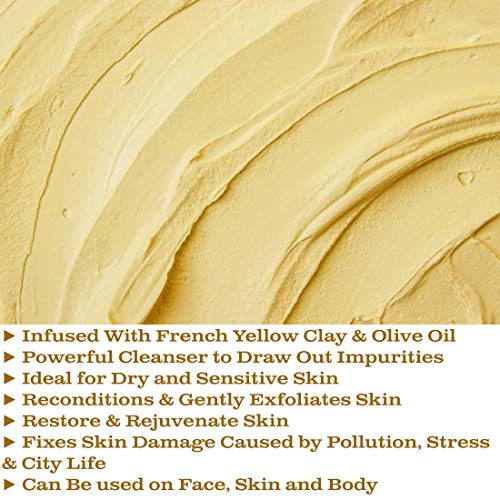 French Yellow Clay Bar Soap By CLAYMEDICX - Infused with Olive Oil - Gently Exfoliate, Stimulate Circulation - All Natural, Moisturizing & Hydrating - Fixes Dry, Sensitive & Irritated Skin - 5 OZ