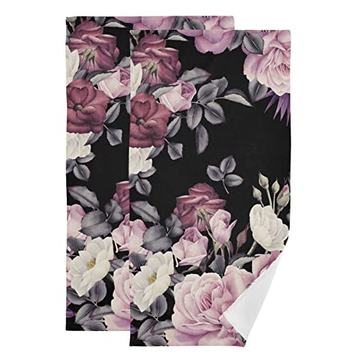 Shustary 2 Pack Rose Floral Hand Towels For Bathroom,Vintabe Pink White Peony Blossom Flower On Black Soft Absorbent Kitchen Dish Towels Decorative Hand Bath Towels For Shower,Face,Gym,Spa 14"X28" #TOP13