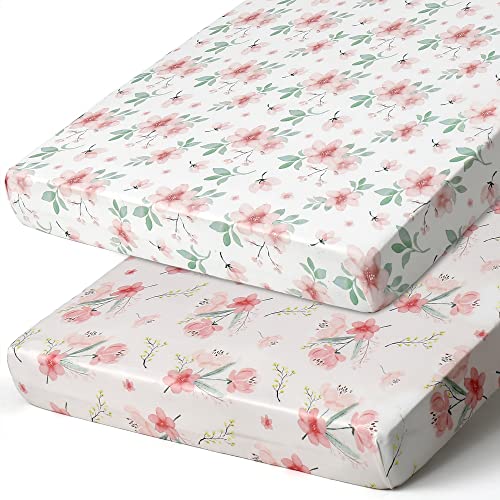 Image of Pack n Play Sheets, BROLEX 2 Pack Mini Crib Sheets,Stretchy Portable Fitted Playard Sheet Set, Convertible Playard Mattress Cover,Ultra Soft Breathable Material,Pink Blossom