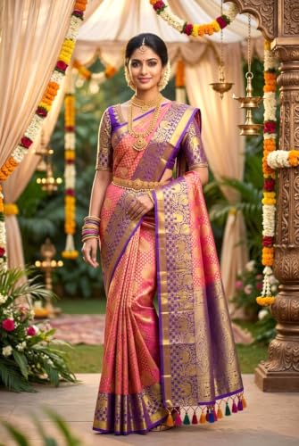 Image of VFCollections Women's Traditional Handloom Kanchipuram Silk Pure Pattu Sarees | Rich Zari Woven Design | Bridal Saree | Unstitched Blouse