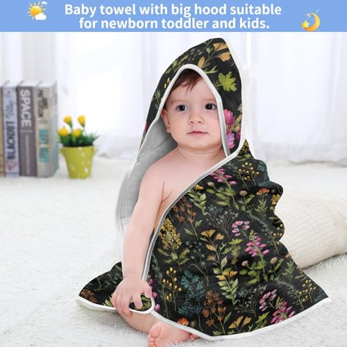 Image of Pigsaly Watercolor Wild Flowers Hooded Baby Towel Meadow Herbs Leaves Baby Bath Towel Unisex Soft Organic Cotton Washcloths Toddlers Shower Gifts for Boys Girls Newborn 30 x 30 in