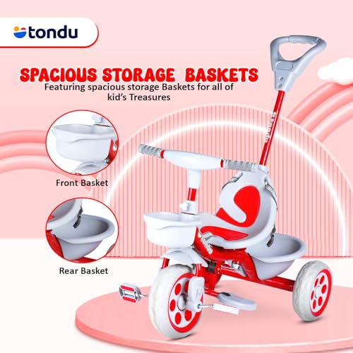Image of TONDU Kiddo Tricycle for Kids /Baby with Storage Basket | Seat Belt with Parental Control Baby Tricycle (Red)