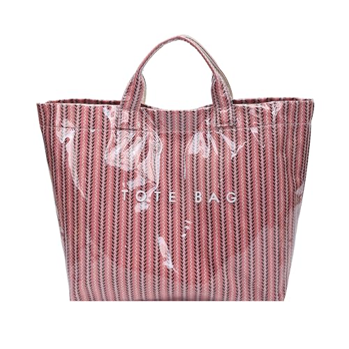 Image of Lushandy Striped PVC Tote Bag for Women, Waterproof Plastic Tote Bag for Beach Pool Large Top Handle Travel Hobo Handbag