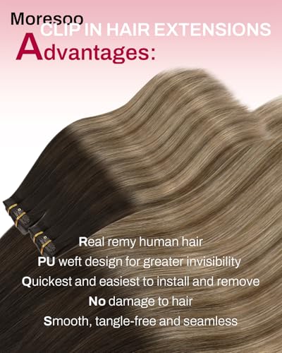 Image of Moresoo Clip in Hair Extensions Real Human Hair, Balayage Brown, PU Weft | Clip in human hair extensions, medium brown to warm chestnut brown with soft beige blonde,14inch 120g 7pcs, for office users