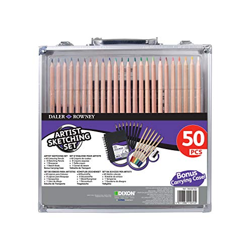 Daler Rowney Artist Sketching Set, 50 Pieces with Carrying Case Includes 40 Colored Pencils, 8 Sketching Pencils, 1 Sharpener, 1 Sketch Book, 1965007002