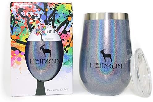 HEIDRUN Wine Tumbler, 12 oz Triple Insulated Stainless Steel Stemless Unbreakable Wine Glass w Lid, Vacuum Sealed Travel Cup Hot Cold Non Slip Rubber Bottom, Champagne (Glitter Charcoal Blue)