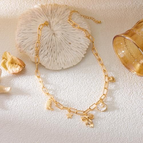 RINHOO Charm Necklace for Women 14K Gold Plated Shell Starfish Bow Pendant Necklace Summer Beach Paperclip Chain Jewelry Gifts (Style 1) - image 5