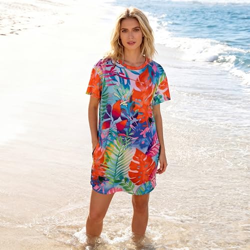Image of MOUSYA Women Tie Dye Dress Short Sleeve T Shirt Dress Summer Casual Loose Mini Dress with Pockets