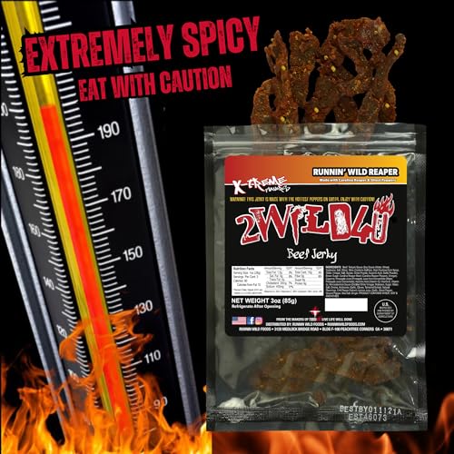 Image of Carolina Reaper Beef Jerky - Premium Brisket Cuts | Extreme Heat | 27g of Protein Per Bag | Small Batch, Real Carolina Reaper & Ghost Pepper Infused | 2WILD4U: Eat If You Dare - 6 ounces total (Pack of 2 bags, 3 ounces each)