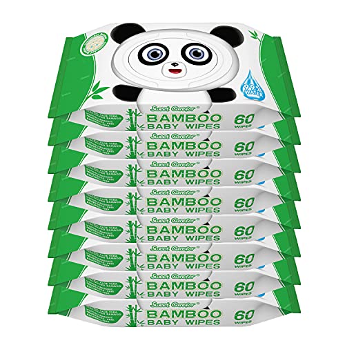 Sweet Carefor Baby Wipes, Bamboo Baby Wipes, Dry or Wet Use Unscented Multi-Purpose Cotton Tissue, Eco- Friendly, 8 Pack, 60 Wipes per Pack(480 Wipes Total)