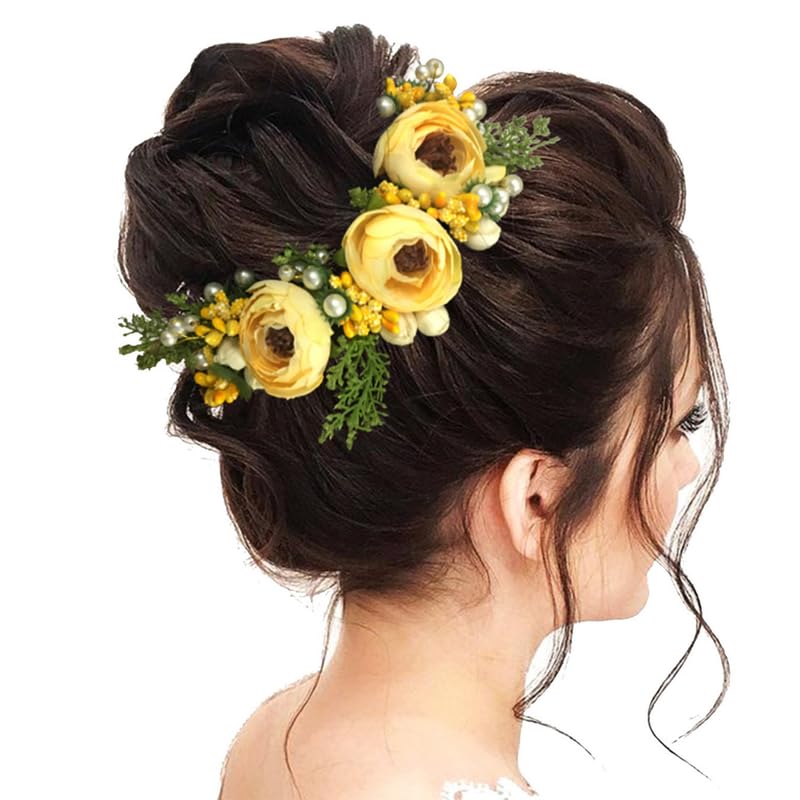 Hair Flare 2170 Artificial Rose Flowers Hair Vein, Women Hair Accessories, Hair Pins For Girls- Yellow