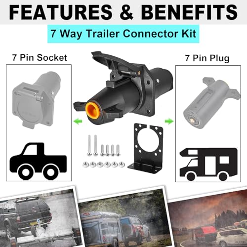 Image of 7 Way Trailer Connector Kit, 7 Pin Plug & Socket with Mounting Bracket | 7 pin Trailer Plug Vehicle-side Socket Replacement for Standard 7-way RV Blade Systems. Designed for Secure Connections.